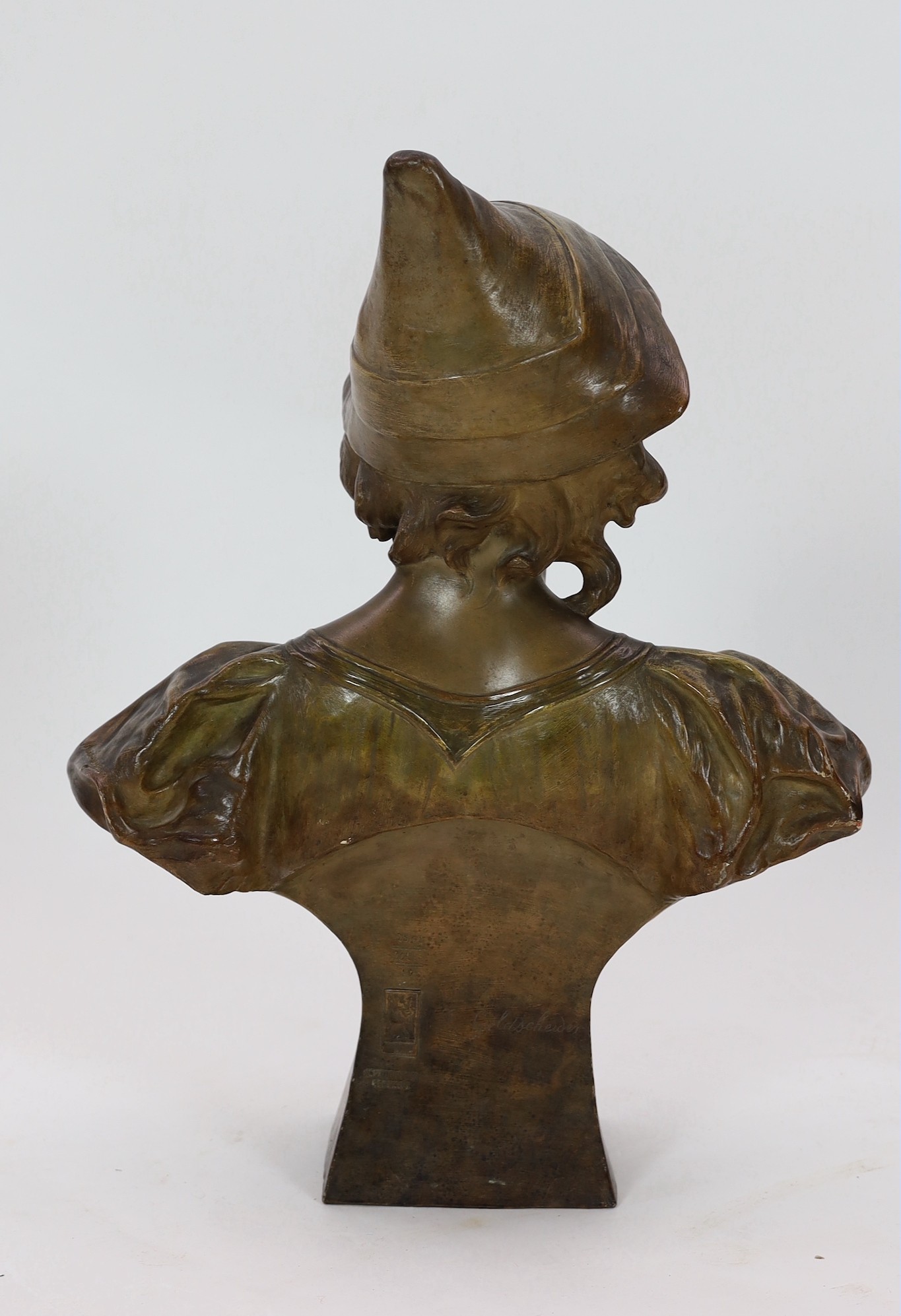 An Art Nouveau Goldscheider cold-painted terracotta bust of Cleo De Merod, signed Montenave, 67cm high